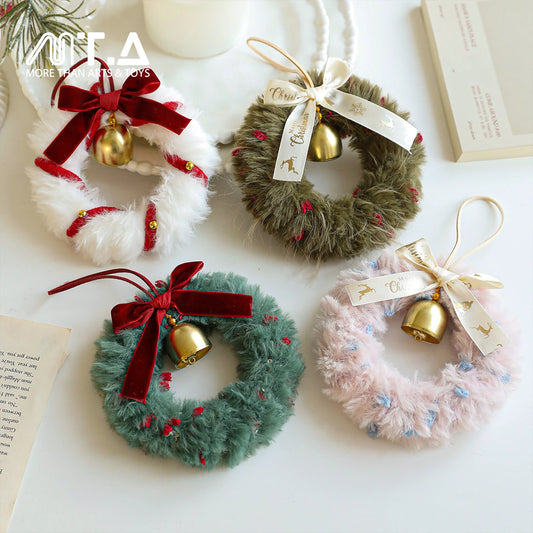 Plush Christmas Atmosphere Wreath with Ribbon Bow & Bells