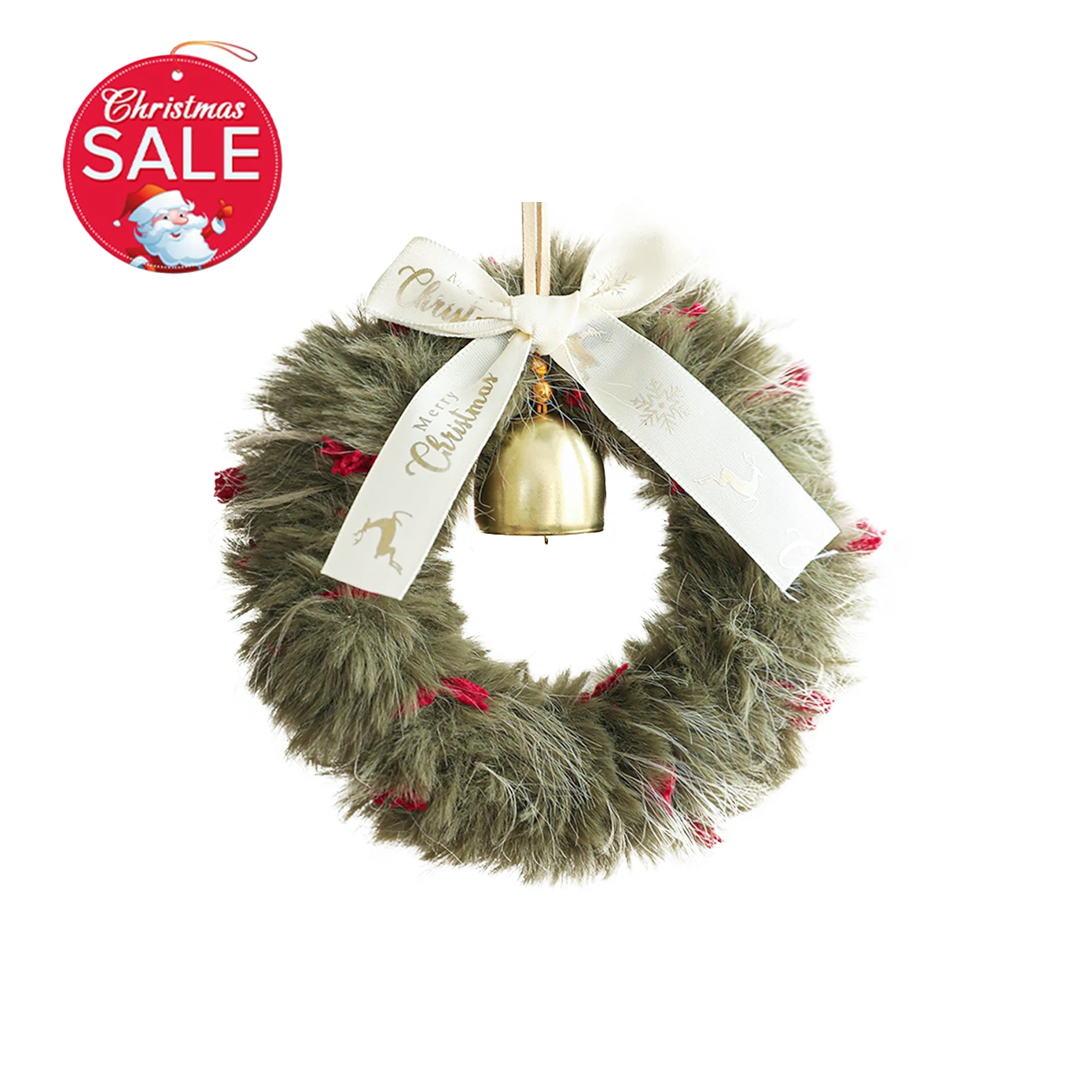 Plush Christmas Atmosphere Wreath with Ribbon Bow & Bells